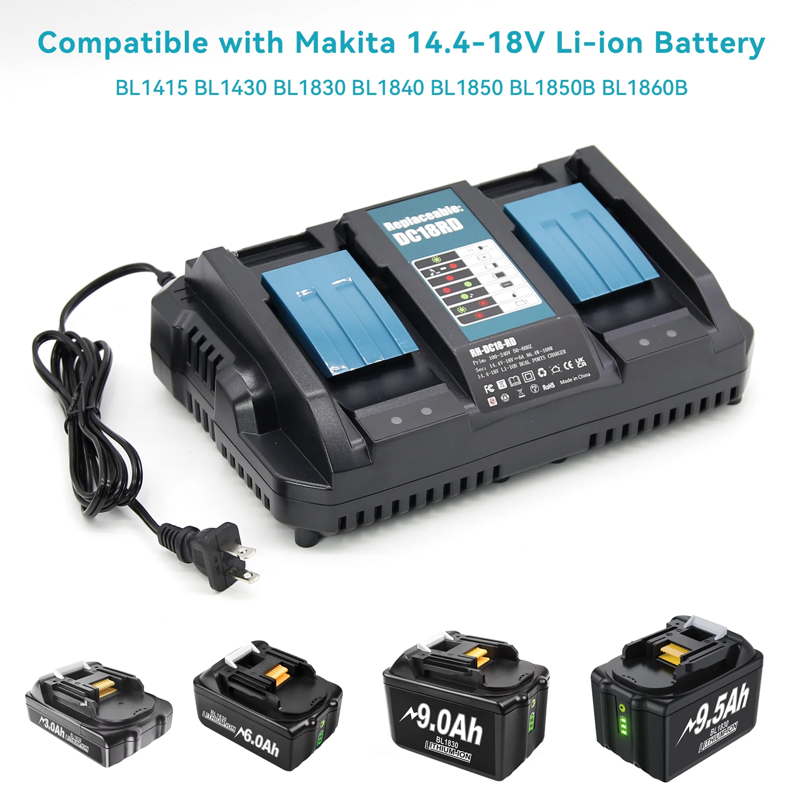 Makita-compatible charger displayed with batteries inserted