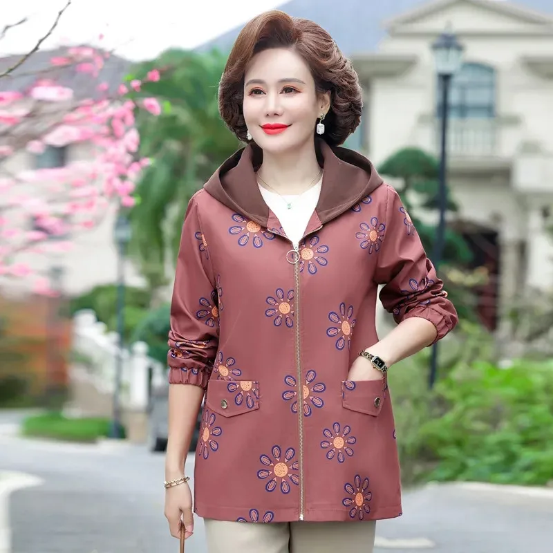 

Middle Aged Elderly Women's Windbreaker 2024 New Spring Autumn Clothing Loose Hooded Casual Printed Jacket Female Outerwear