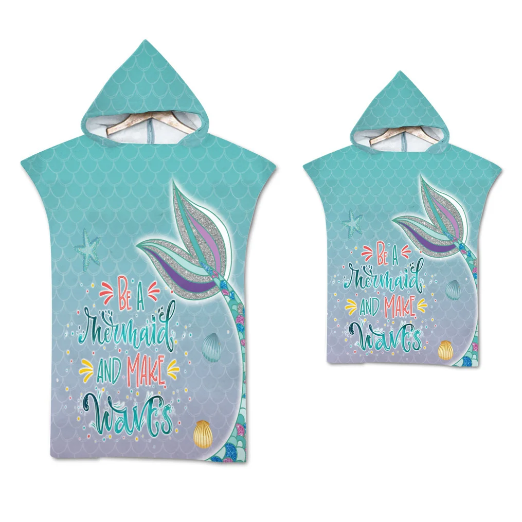 Mermaid Microfiber Quick Dry Large Beach Bath Towel Hooded Cloak Wetsuit Adult Kids Parent-Child Poncho Bathrobe for Swim Surf