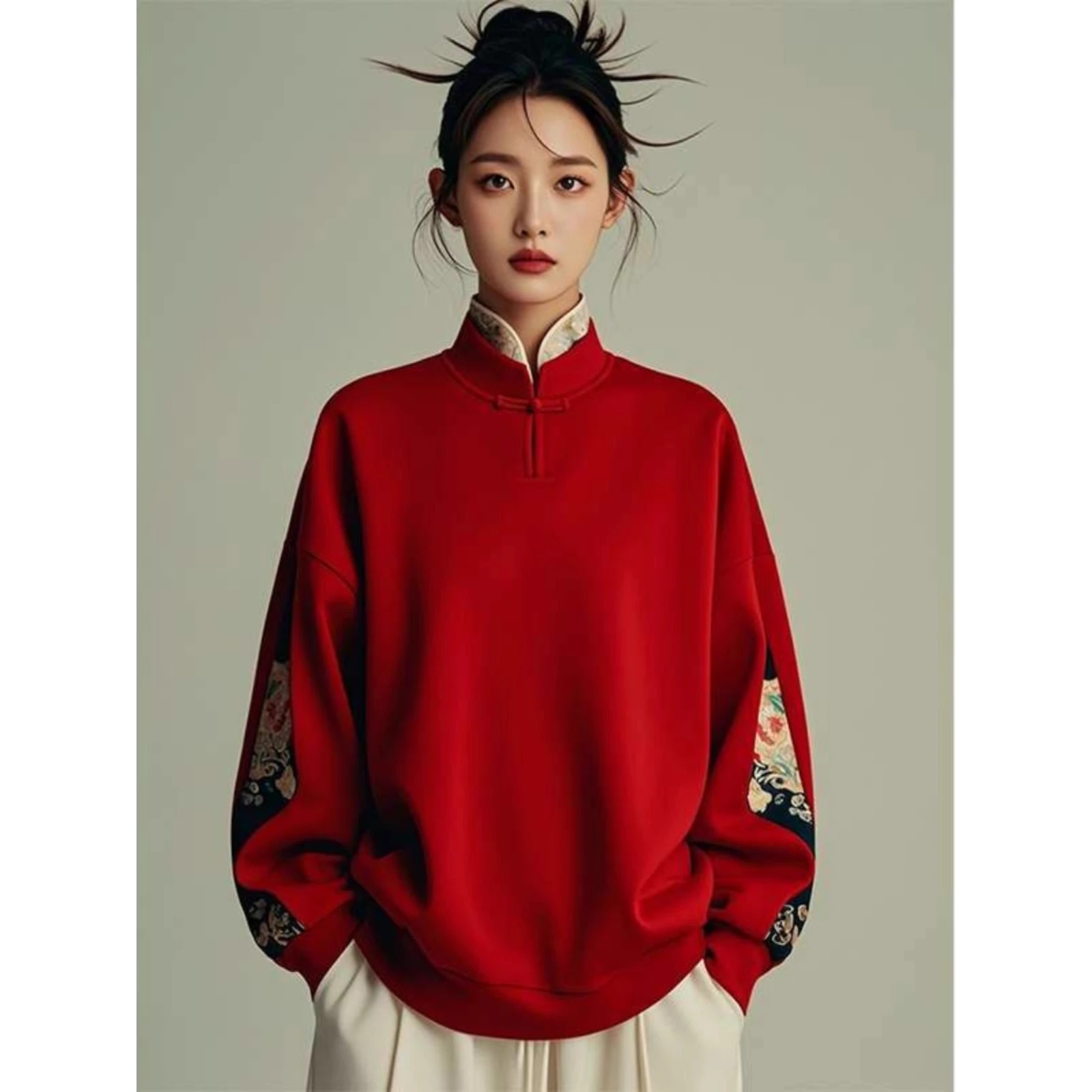 Red Oversized Hoodie Men's Autumn Winter Comfortable Loose Fit Fashionable Chinese Style Polyester Fabric Warmth Retention - 2