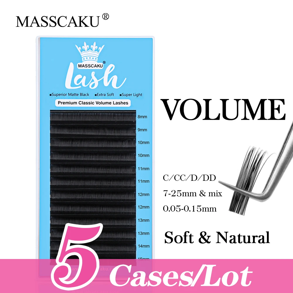

5cases/lot MASSCAKU Faux Mink Eyelash Extension J/B/L/M/C/CC/D/DD Curl Soft Natural Matte Black 12 Lines Single Classic Lashes
