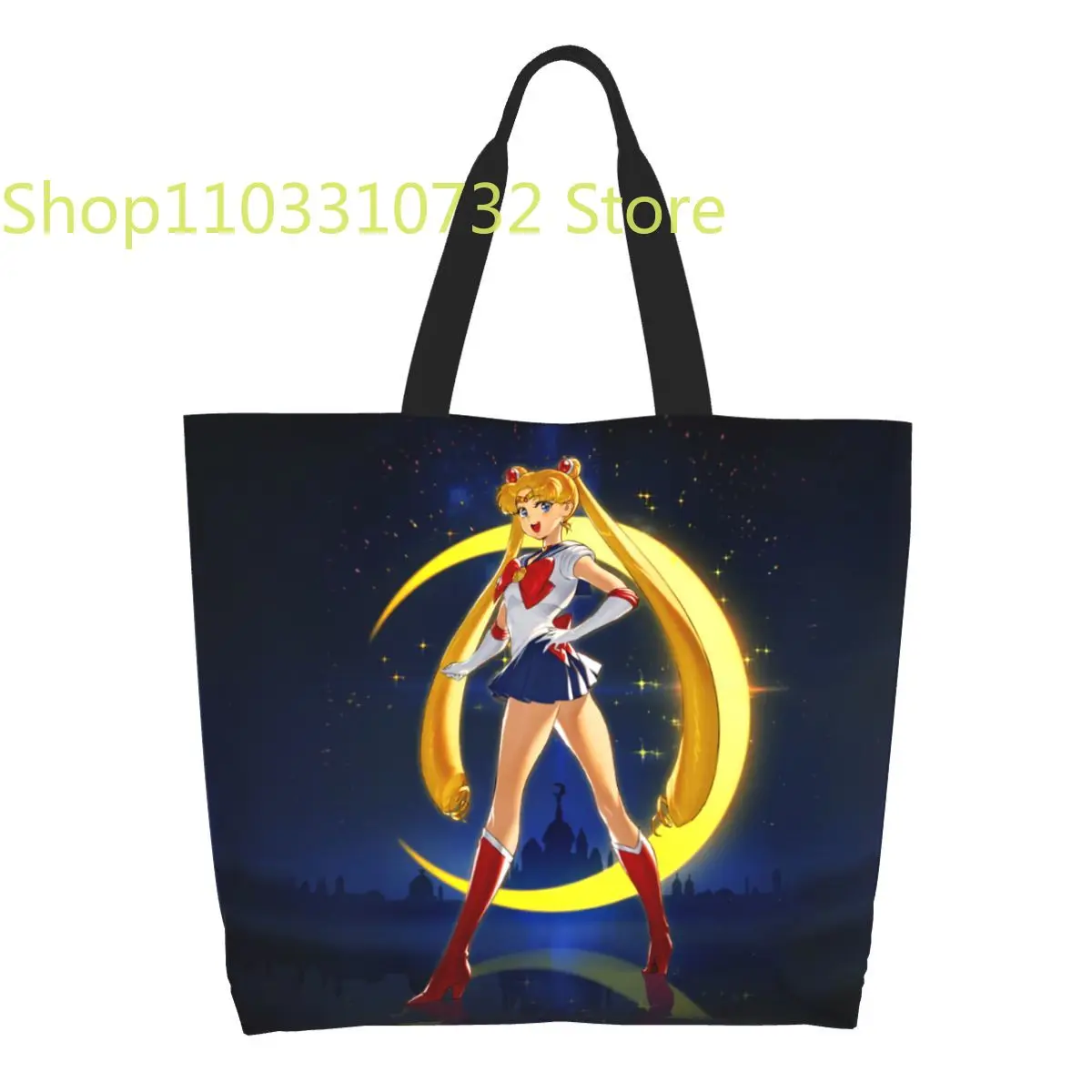 

Custom Japanese Shojo Manga Sailor Canvas Shopping Bags Women Reusable Big Capacity Grocery Anime Moon Girl Shopper Tote Bags
