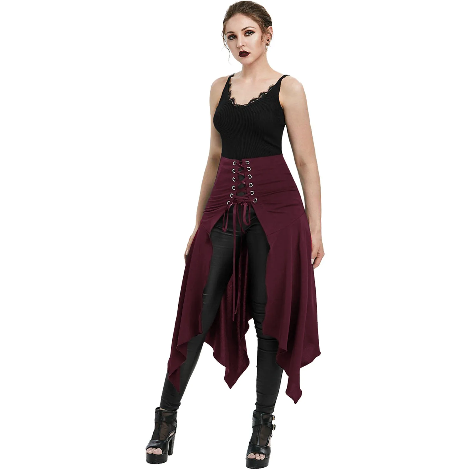 

Women's Fashion Solid Color Punk Gothic Style Asymmetric Front Lace Up Slit A Line Skirt Fashion Buttons Crossed Frenulum Skirts