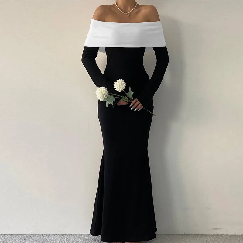 

Elegant Fashion Long Dresses For Women Full Sleeve Slim Wrap Around Hip Autumn Contrast Party Evening Gown Outfits Bodycon Dress