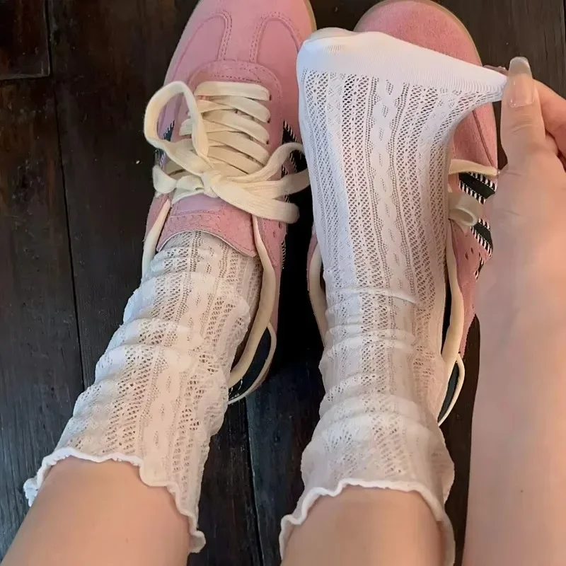 Summer Fashion White Lace Pile Socks for Women Girls Mesh Hollowed Out Thin Nylon Breathable Sock Solid Color High Quality Socks