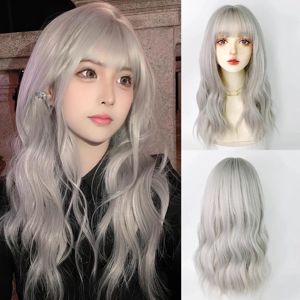 VICWIG Synthetic Long Wavy Curly Wigs with Bangs Silver White Lolita Cosplay Women Natural Hair Wig for Daily Party