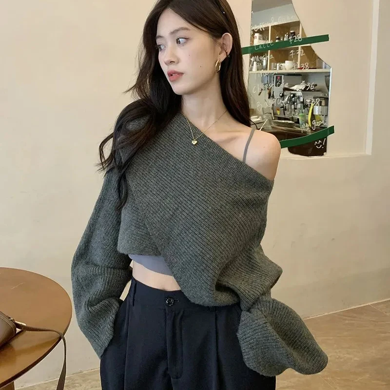 여성용 섹시한 크리스 크로스 풀오버 스웨터, 짧은 오프 숄더 점퍼, 한국 라글란 소매 니트 탑, 2023 가을, 핫 걸 