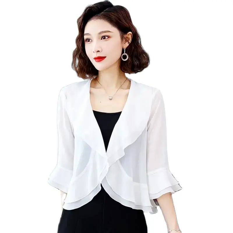 

Open Front 3/4 Sleeve Chiffon Shrug Cardigan Fashion Cover Up Shawl Coat Wedding Jacket Bolero Women Cropped Sheer Bolero Cape