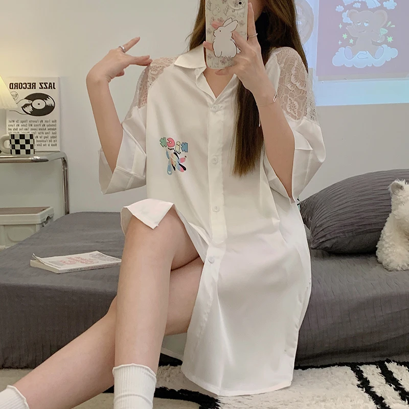 Casual Women Soft Satin Sleepwear Nightgown Loose Body Silk Nightwear Lace Patchwork Nightdress Wild Sleepshirt New Nighties