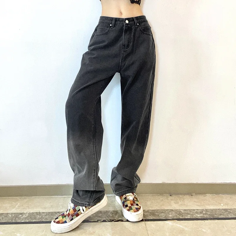 Women's 2021 Fashion Gradient High Waist Pocket Street Long Gray Casual Denim Trousers Street Style Black Loose Straight Jeans