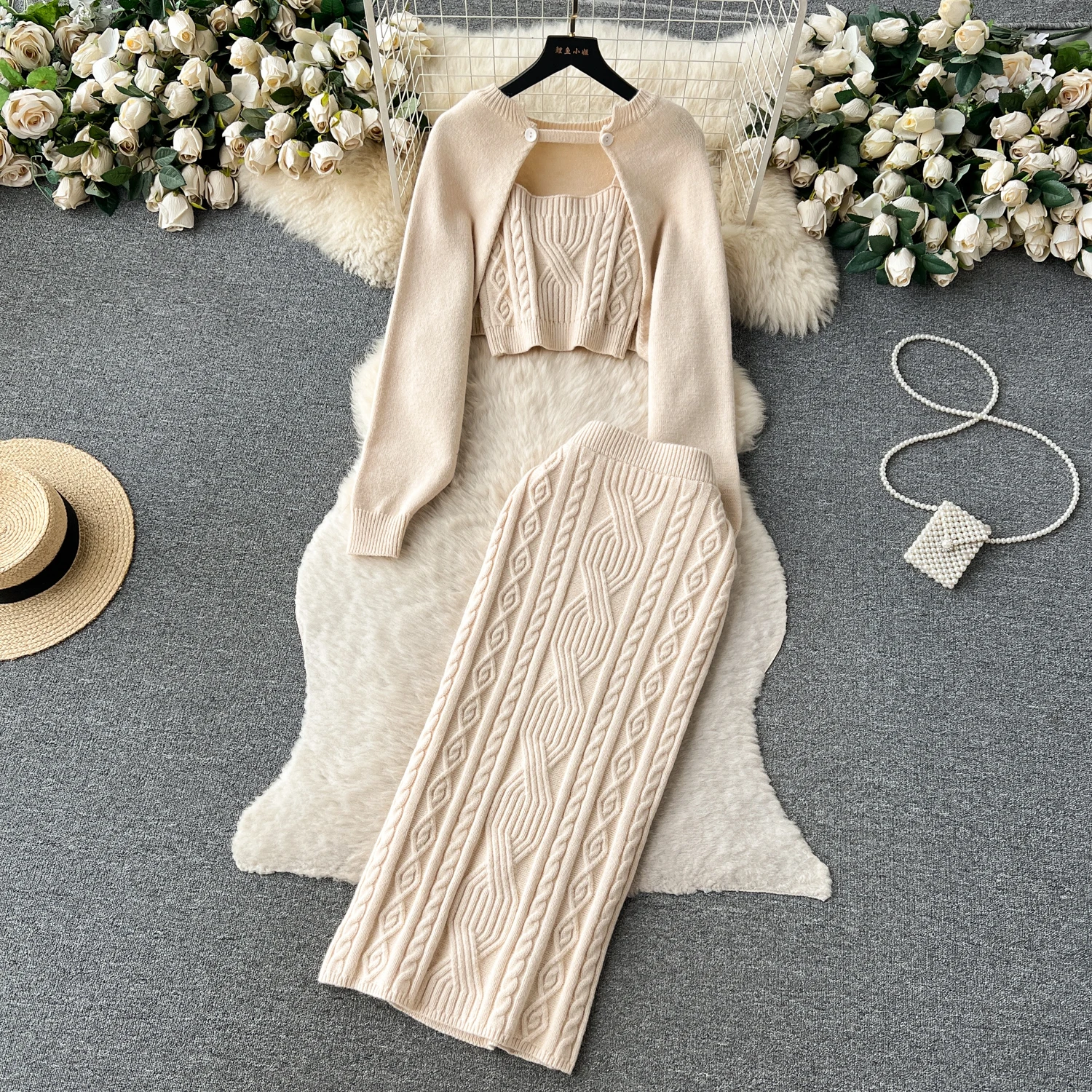 

Women Vintage Knit Two Pieces Skirt Sets Women Long Sleeve Cardigan and High Waist Full Hip Wrap Skirt