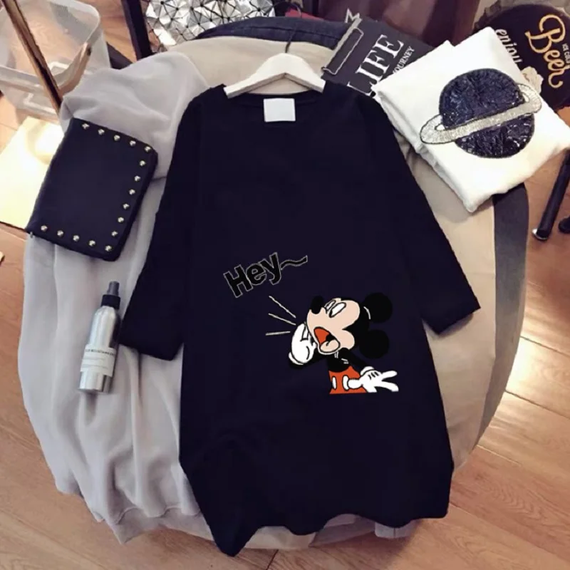 Large Size Mickey Mouse T-shirt Girl Trend Mid-Length Loose Casual Short-Sleeved Cartoon Mickey Print T-shirt Round Neck Top 2