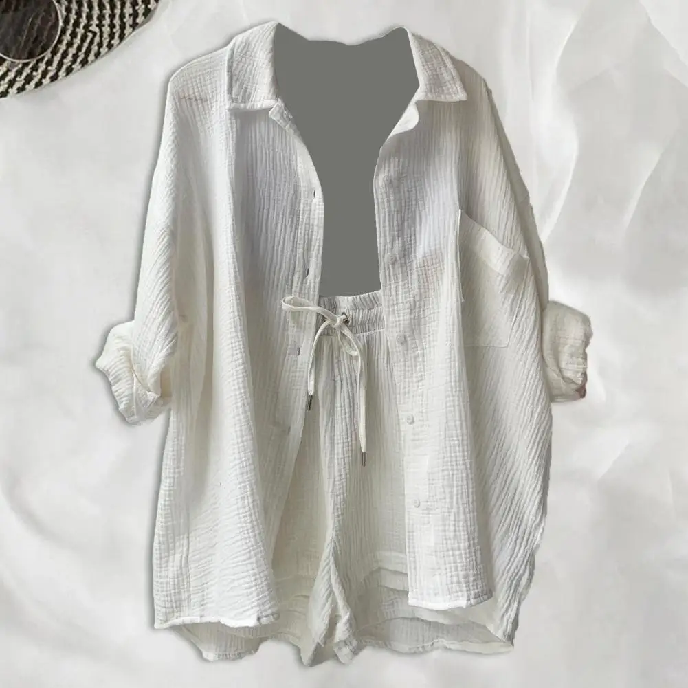 

Single-breasted Lapel Shirt Shorts Set Women's Casual Commute Outfit Long Sleeve Shirt High Waist Shorts Set Solid for Everyday