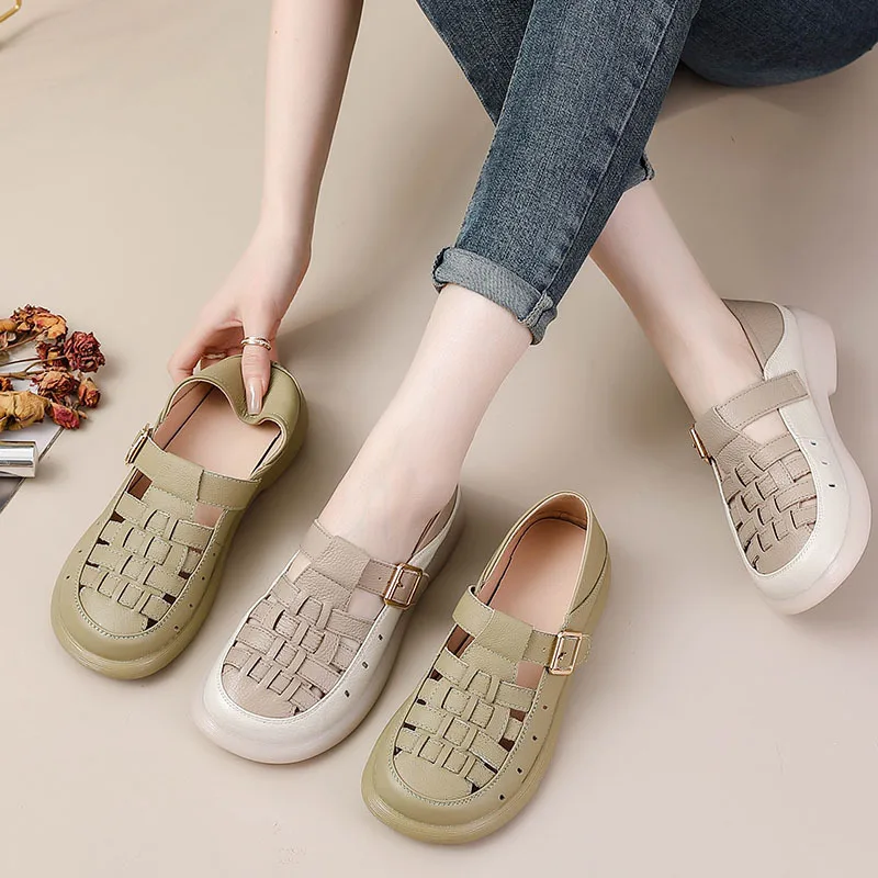 Handmade woven flats women's low heels shoes genuine leather loafer mother comfort T strap shoes woman autumn buckle flats wide