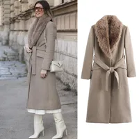 autumn and winter new women's clothing elegant temperament with belt decoration artificial fur collar long-sleeved coat
