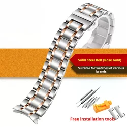 Curved Stainless Steel Watch Strap Bracelet for Men and Women, Chain Style, Universal Sizes 18 - 24mm (Silver Rose gold)