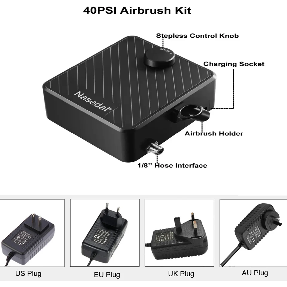 나세달 에어브러시 에어 컴프레서 키트 자동 정지 기능 40psi 0.3mm 0.5mm 0.8mm 에어브러시 스프레이 건 모델 케이크 페인팅 네일 아트 자동차용