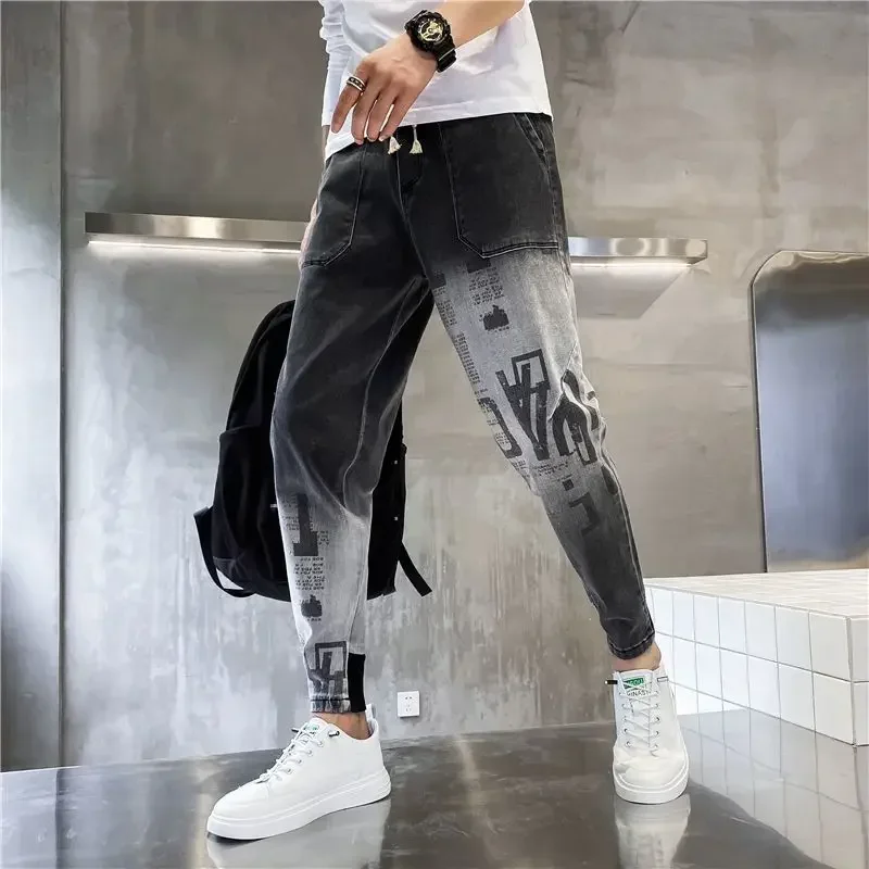 

Trousers Skinny Large Size Men's Jeans Cropped Slim Fit Man Cowboy Pants Tight Pipe Gradient Color Harem High Quality Cotton Xs