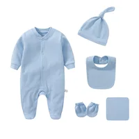 Baby Set Newborn Baby Boy Girl Clothing 100% Cotton Long Sleeved Solid Color Rompers Hat Bib Suit 0-3 Months Infant Products 2
