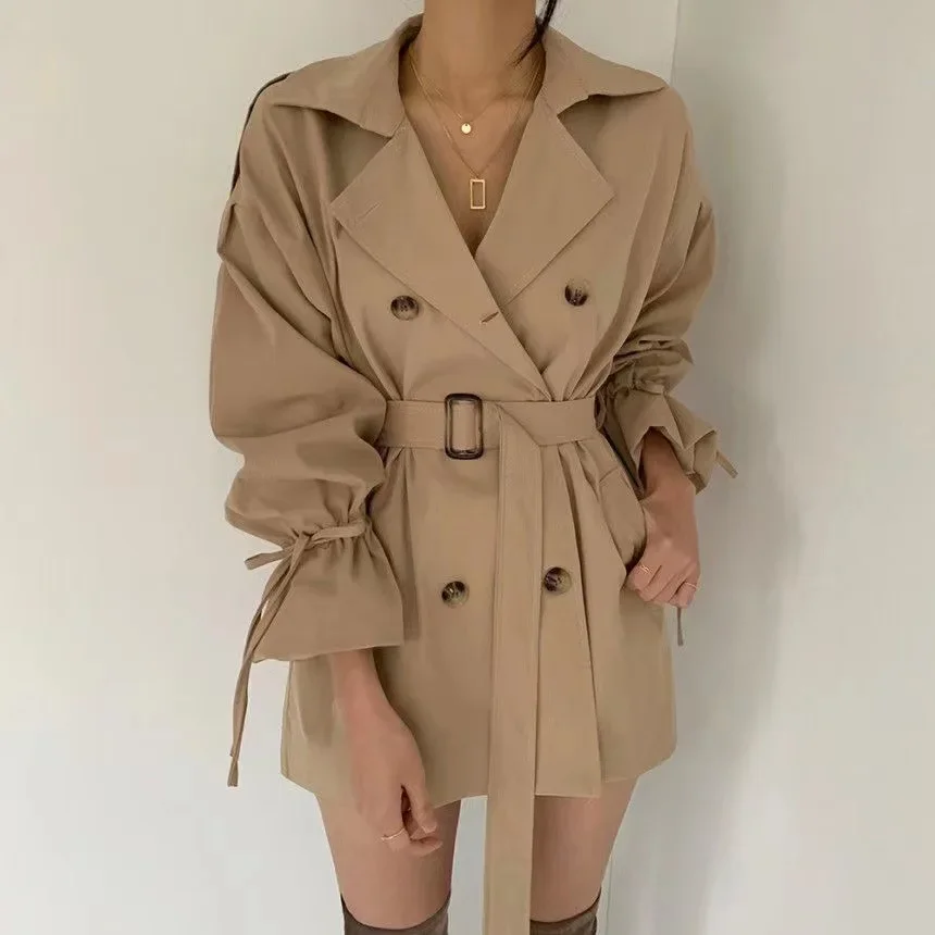 

2023 New Autumn Winter Khaki Minimalist Women's Trench Coat Sashes Windbreaker Casual Loose Flare Sleeve Double Breasted Trench