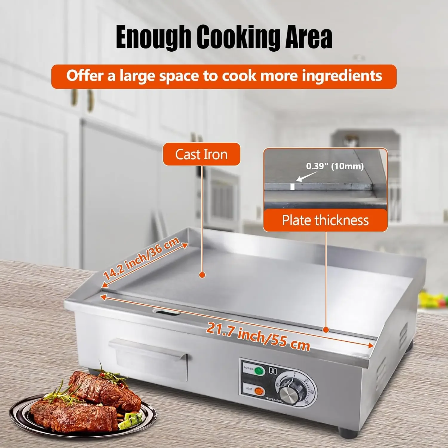 Electric Griddle,Electric Countertop Flat Top Griddle,110V 1600W Electric Flat Top Grill,Non-Stick Restaurant Teppanyaki Stainle 3