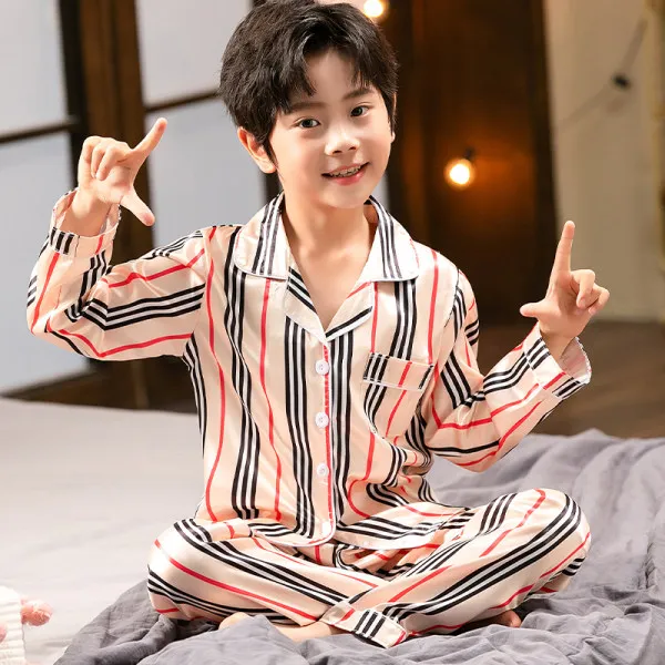 New Kids Homewear Silk Children Pajamas Set Night Clothes Satin Unisex Boys Casual Sleep Loungewear 3-12Yrs Stripe Pyjamas Set sleepwear for boy Sleepwear & Robes