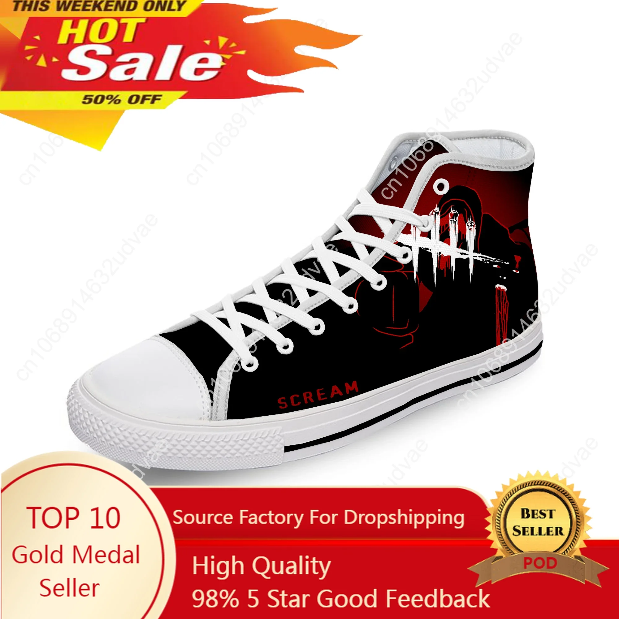 

Hot Movie Scream Ghostface Horror White Cloth Fashion 3D Print High Top Canvas Shoes Men Women Lightweight Breathable Sneakers