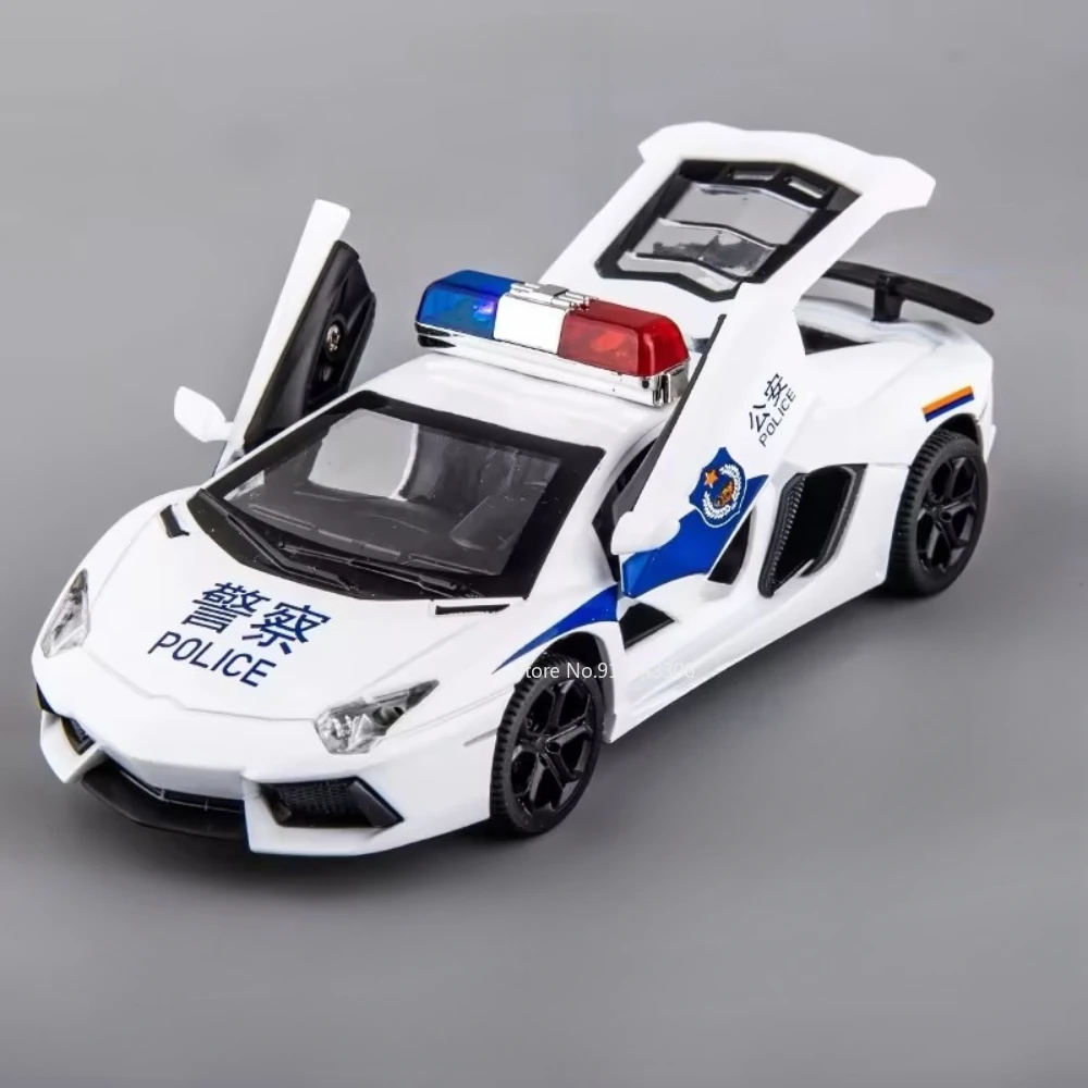 

1/32 LP770-4 Alloy Diecast Police Car Model Toys 3 Doors Opened Metal Body with Sound and Light Vehicles Collection Kids Gifts