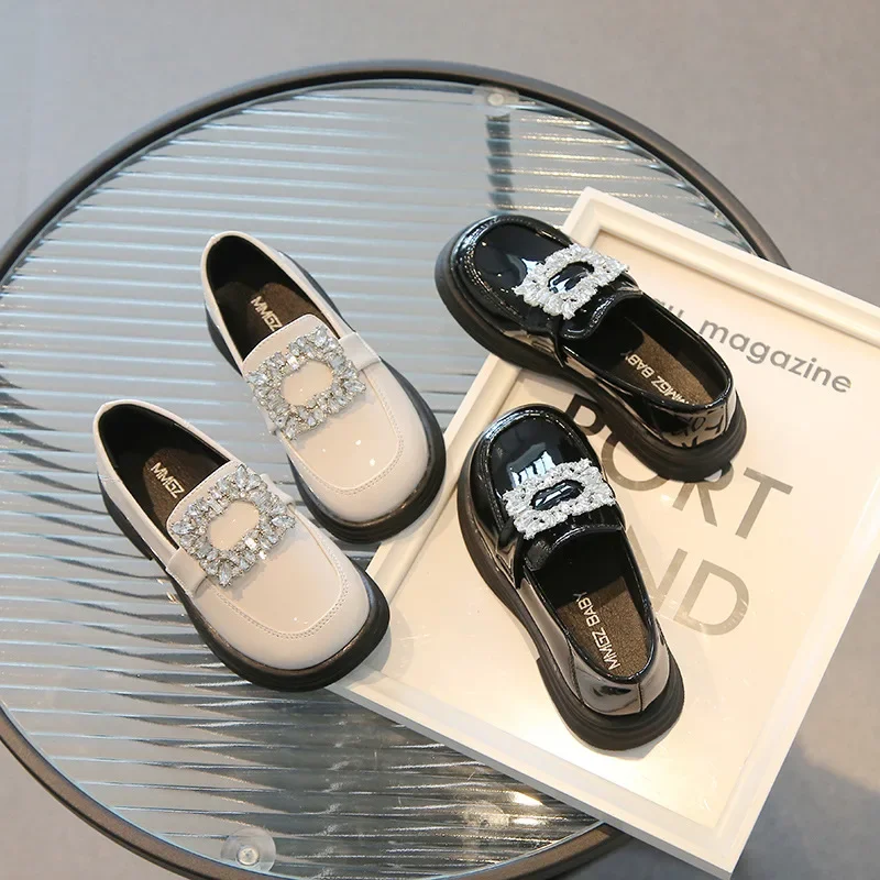 Girls Square Rhinestone Loafers Patent Leather Slip-on Shoes Children British Black Loafers Platform Oxford Shoes Kids Flats