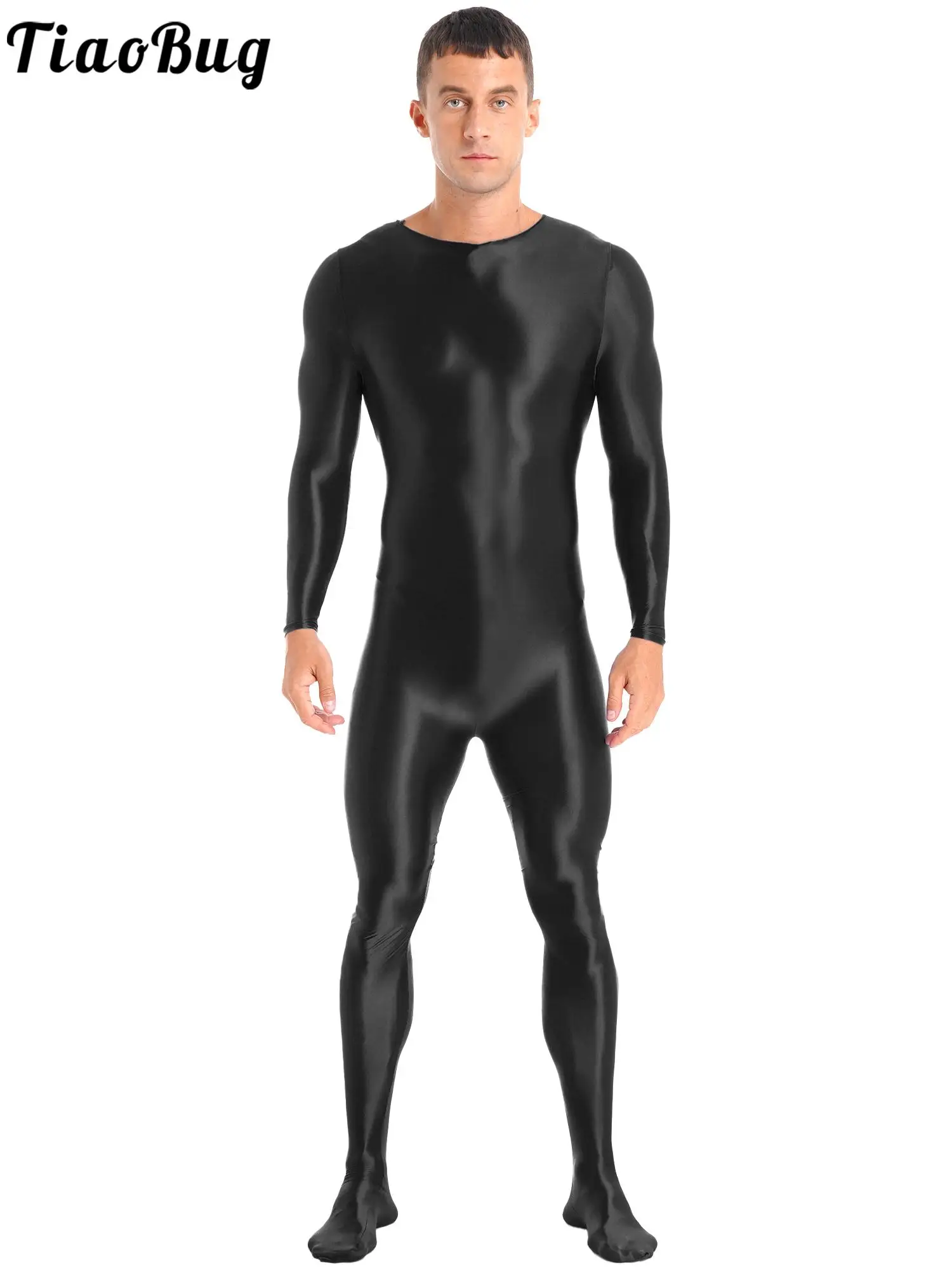 Mens Bodysuit Swim Mock Neck Back Zipper Bodystocking Glossy Solid Color Long Sleeve Bodysuit Sportwear Nightwear Swimwear