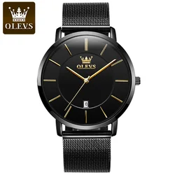 OLEVS Ultra Thin Quartz Watch with Leather Strap - Simple Luxury Men's Wristwatch (WD - All Black)
