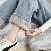 Thickened Fleece-Lined Women's Jeans 2024 New Style Casual Loose-Fit High-Waisted Slimming Straight-Leg Long Pants