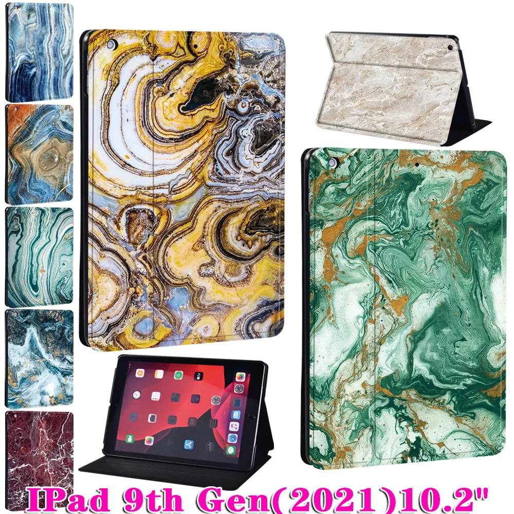 

Folding Tablet Case for Apple iPad 10.2 inch 9th Gen 2021 PU Leather Fashion Marble Pattern Stand Cover + Free Stylus