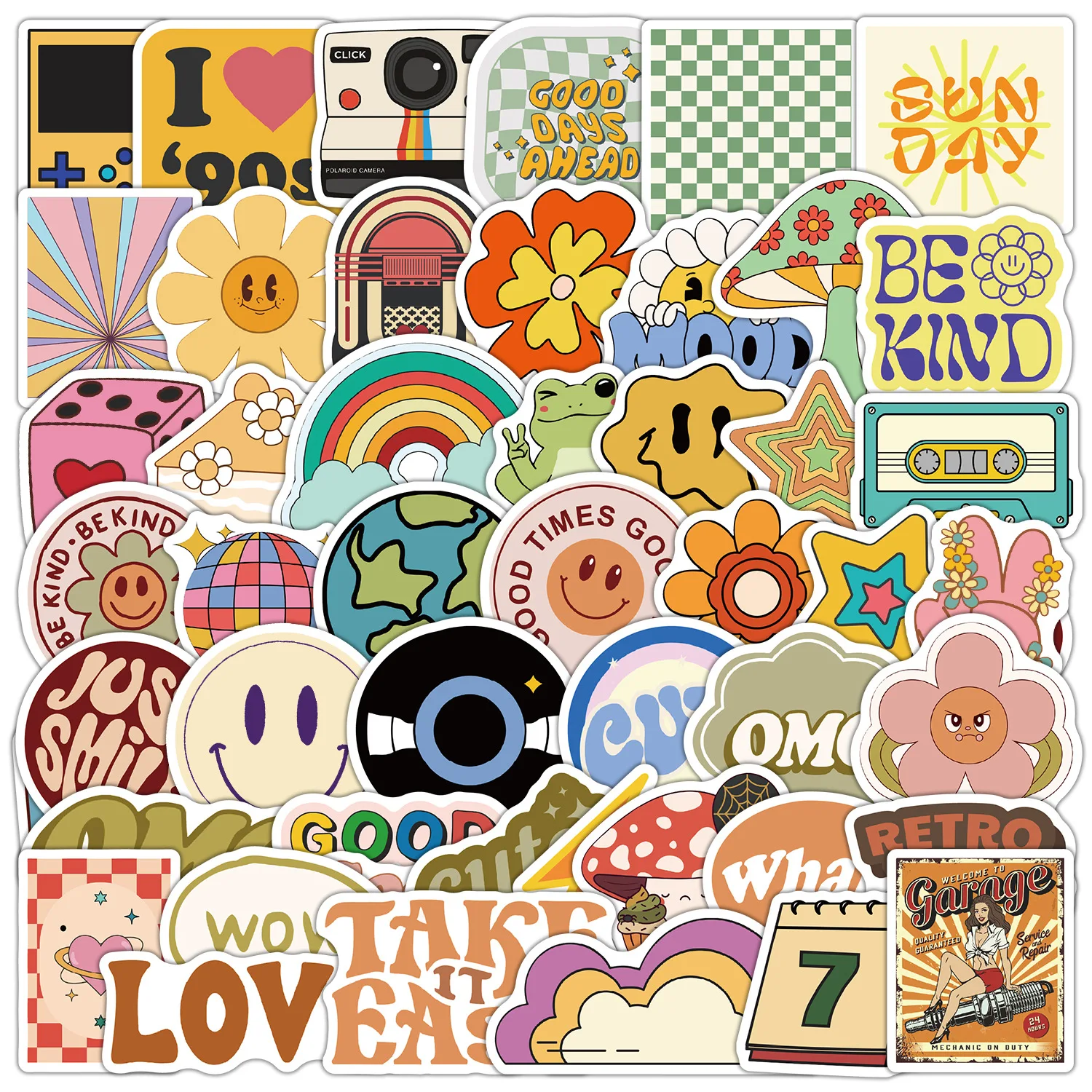 50 Pezzi Adesivi Estetici Retrò Carini con Scritte 'Be Kind' e 'Smile' per Telefono, Laptop, Valigia, Quaderno, Girasole, Impermeabili