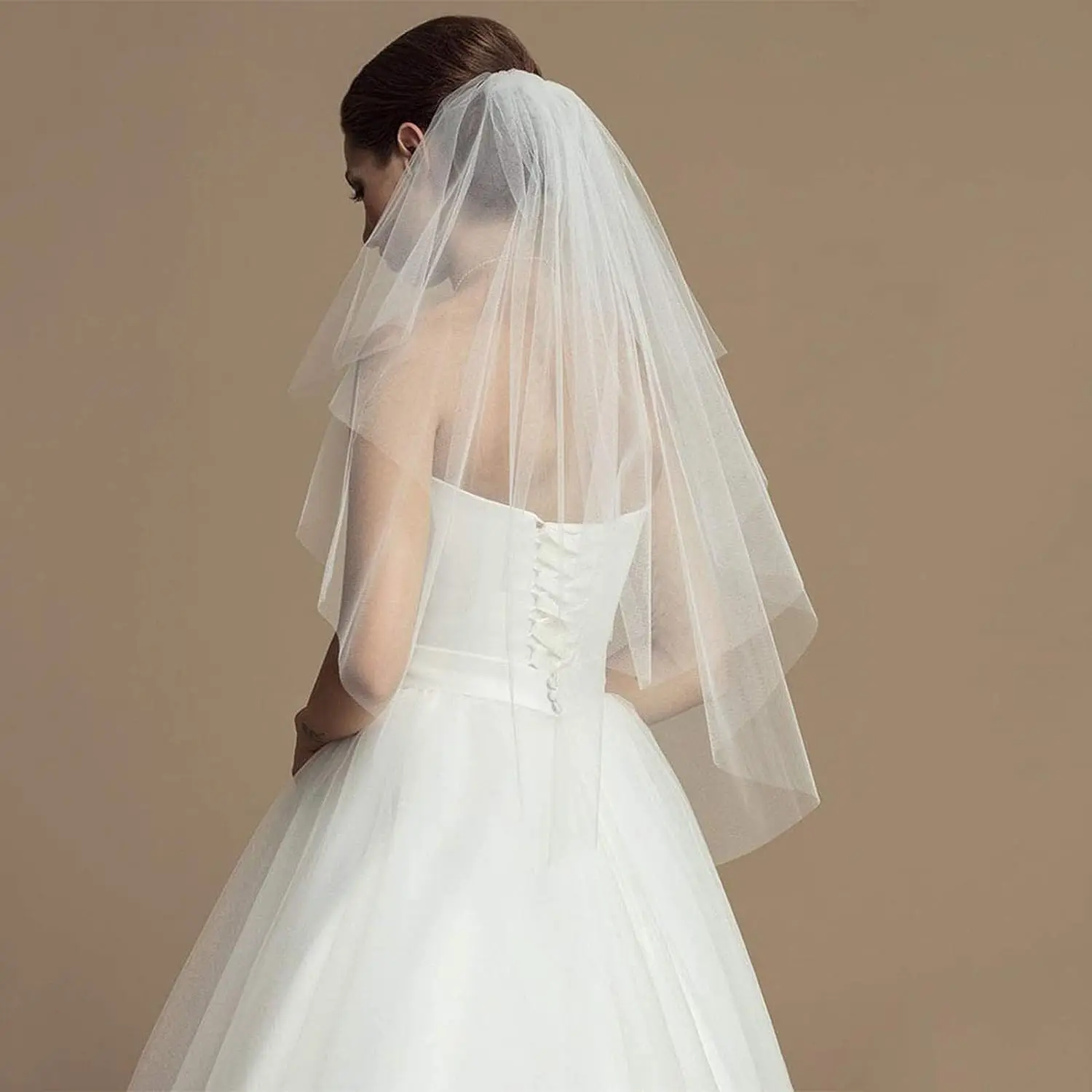 aliexpress.com - 2 Tiers White Ivory Bride Wedding Veil Short Fingertip Bridal Tulle Veil with Comb and Cut Edge Velos De Novia Largos