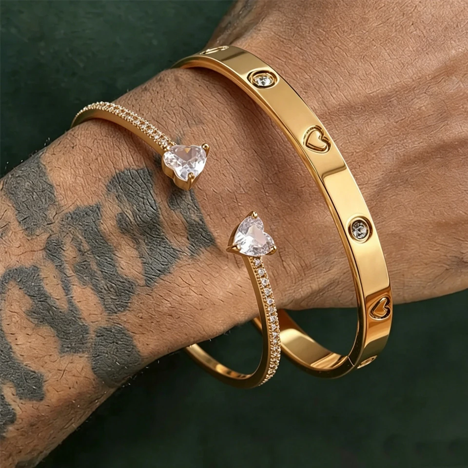 Yupsk 2/1pcs Simple Fashion Double Heart Zirconia Cuff Bracelet for Women Sparkling Zircon Open Bangles Exquisite Jewelry Gift 3