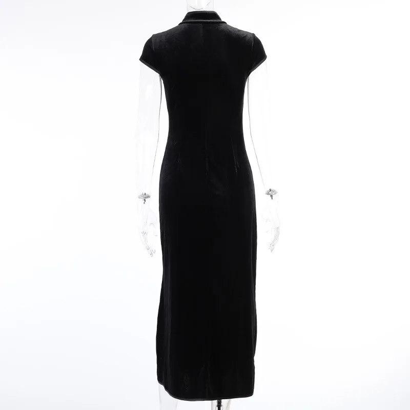 2022 New Vintage Cheongsam Street Style Black Gothic High Waist Bandage Midi Women Bodycon Short Sleeve Party Evening Club Dress