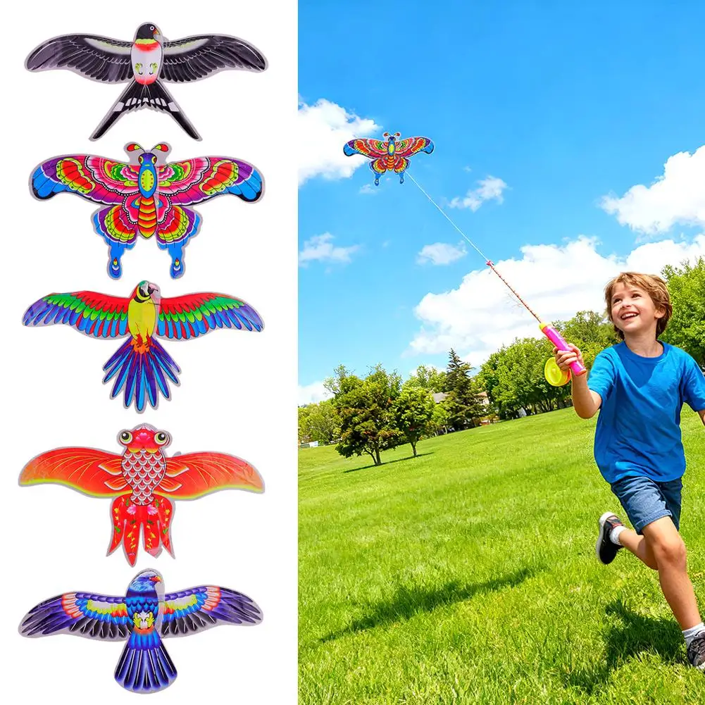 Children Kite Toy Cartoon Eagle Foldable Mini Plastic Toys Kite Hand Brake Fishing Rod Butterflies For Kids Outdoor Toy For Fun