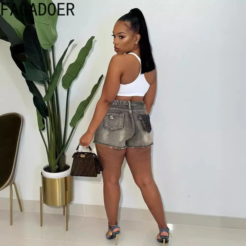 FAGADOER Fashion Y2K Hot Girl Streetwear Women High Waisted Button Sequin Splicing Denim Shorts Female Elastic Cowboy Bottoms
