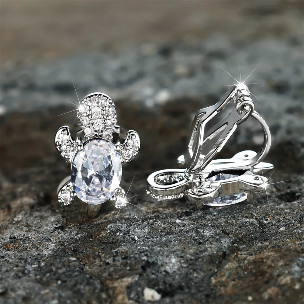 Cute Female White Oval Turtle Stone Clip Earrings Charm Silver Color Wedding Jewelry For Women