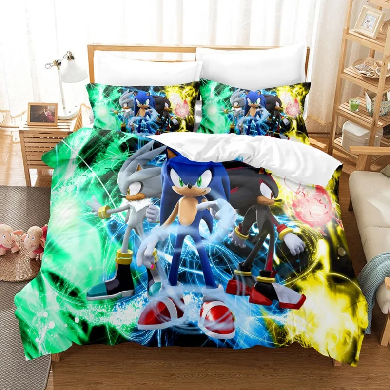 thumbnail image 1 of Juegos de ropa de cama Sonic con funda de almohada, ropa de cama con estampado 3D de Anime Harajuku, ropa de cama para cosplay, tamaño king, funda de edredón, traje de cama, 1 of 4