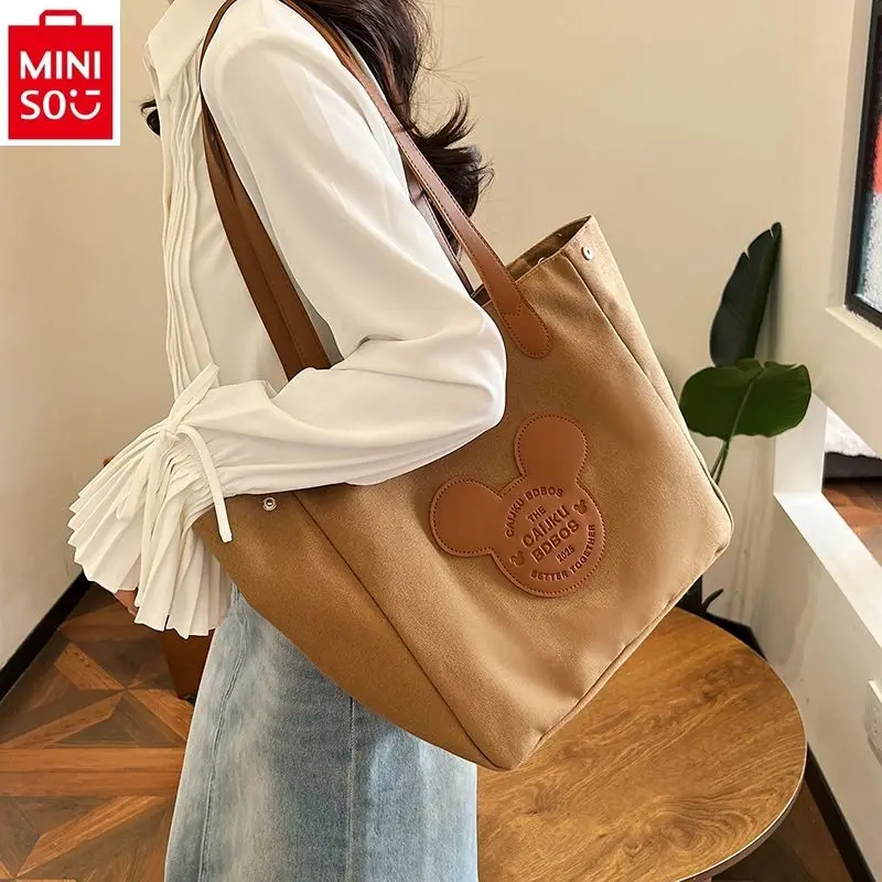 MINISO Disney Mickey Fashion High Quality Canvas Cushioned Handbag for Women's Casual Large Capacity Storage Tote Shoulder Bag