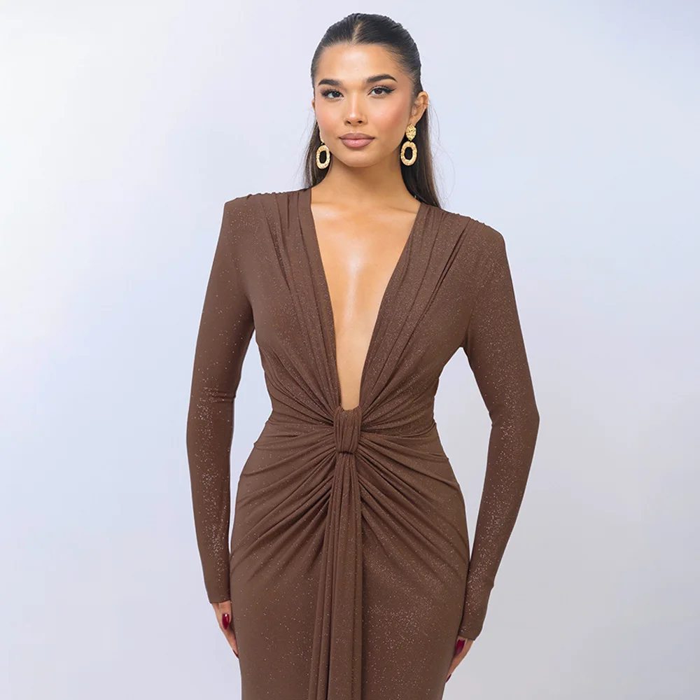 Elegant Long Sleeve Elastic Tight Party Evening Dress For Women Sexy Deep V-Fold Lace Vestido Autumn/Winter New 2025