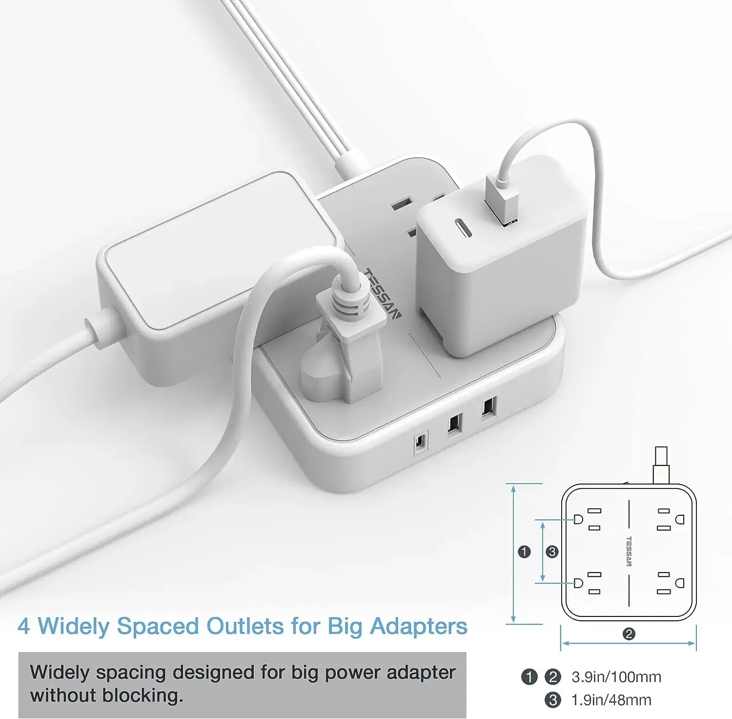 TESSAN ÷ ÷ Ƽ, AC ܼƮ 4 , USB Ʈ 2 , CŸ 1, 7  1  , 5ft ʹ ͽټ ڵ