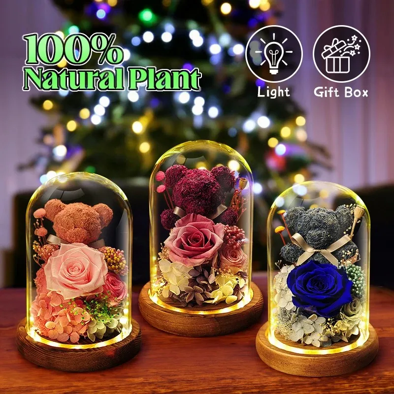 

D2 LED Preserved Roses in Glass Dome Eternal Natural Flowers Forever Love Wedding Favor For Woman Mother Valentine Day Gift Bear