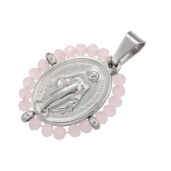 Elegant Virgin Mary Pendant Necklace | Stainless Steel Pearl Beaded Choker in Gold and Rainbow Tones (Silver Pink)