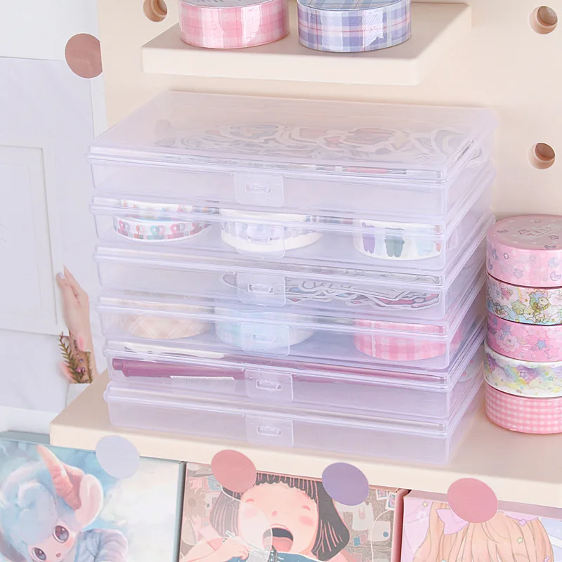 Transparent Storage Box Multifunctional Pen Washi Tape Stickers Ruler Container Kawaii Stationery Desk Organizer Office Supplies