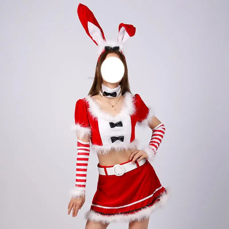 

2023 Рождественская вечеринка, женский сексуальный топ, юбка, костюм кролика, Санта, красный бархатный Рождественский пушистый новый год, Рождество, косплей, милое маскарадное платье