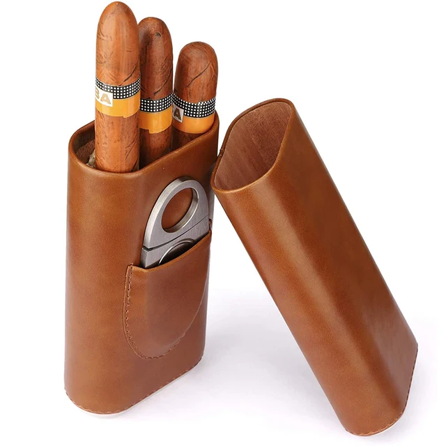 Three-Finger Portable Cigar Humidor Brown and Black Two Choices Cowhide Material Leather Case with Silver Cigar Cutter 2