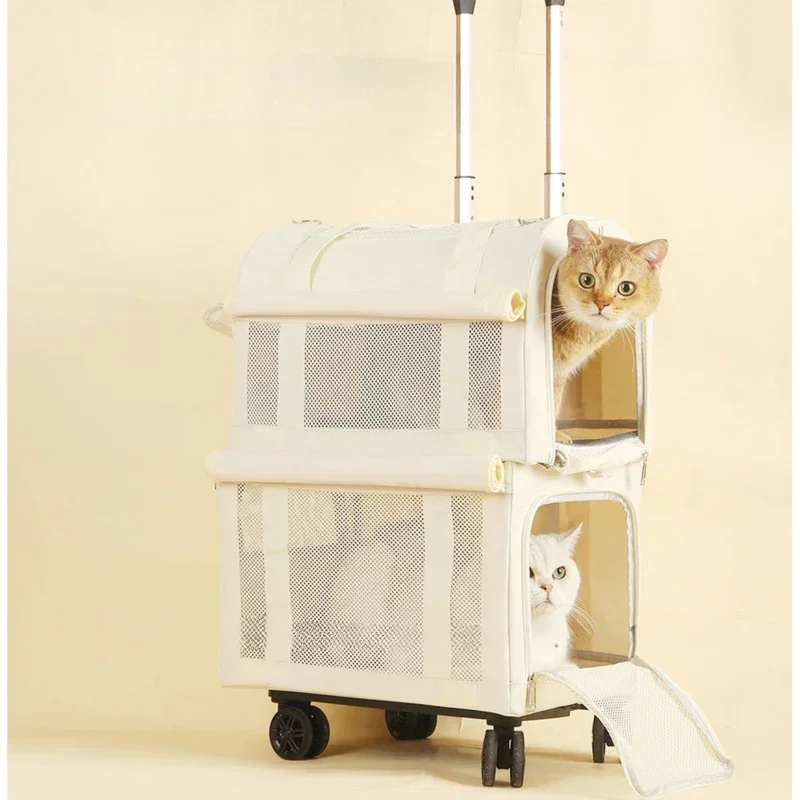 Pet Trolley Box 2-layers Design Cat Basket Breathable Comfortable Transport Case Travel Pet Trolley